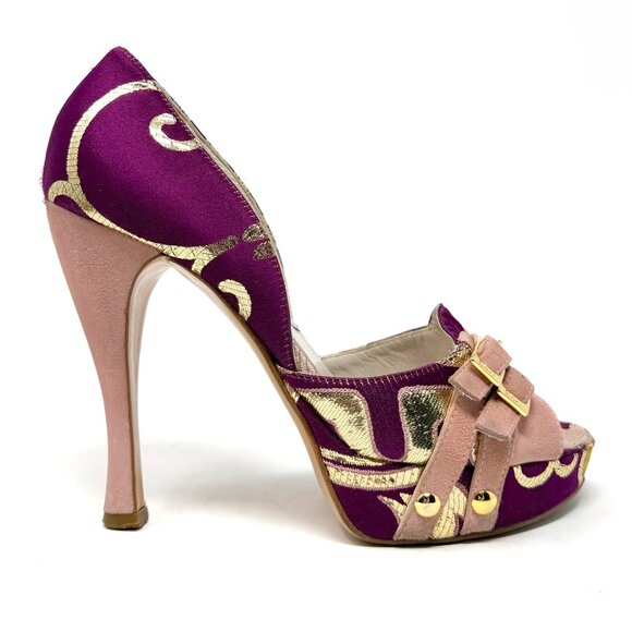 Dior Galliano Purple Gold Peep Toe Pumps EU 36.5 US 6‑6.5 Platform Heels - Picture 3 of 9